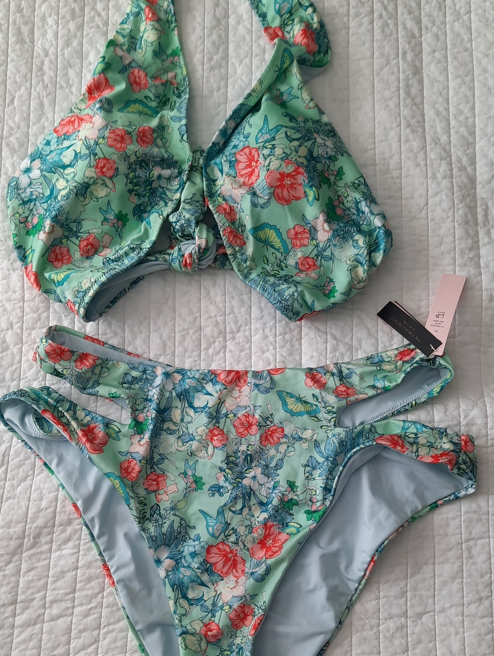 Victoria's Secret Mint Floral Bikini with Coral and Blue Accents